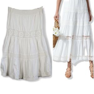 Vintage Y2K White Lace Tiered Ruffle Trim Cottagecore Coquette Midi Skirt L